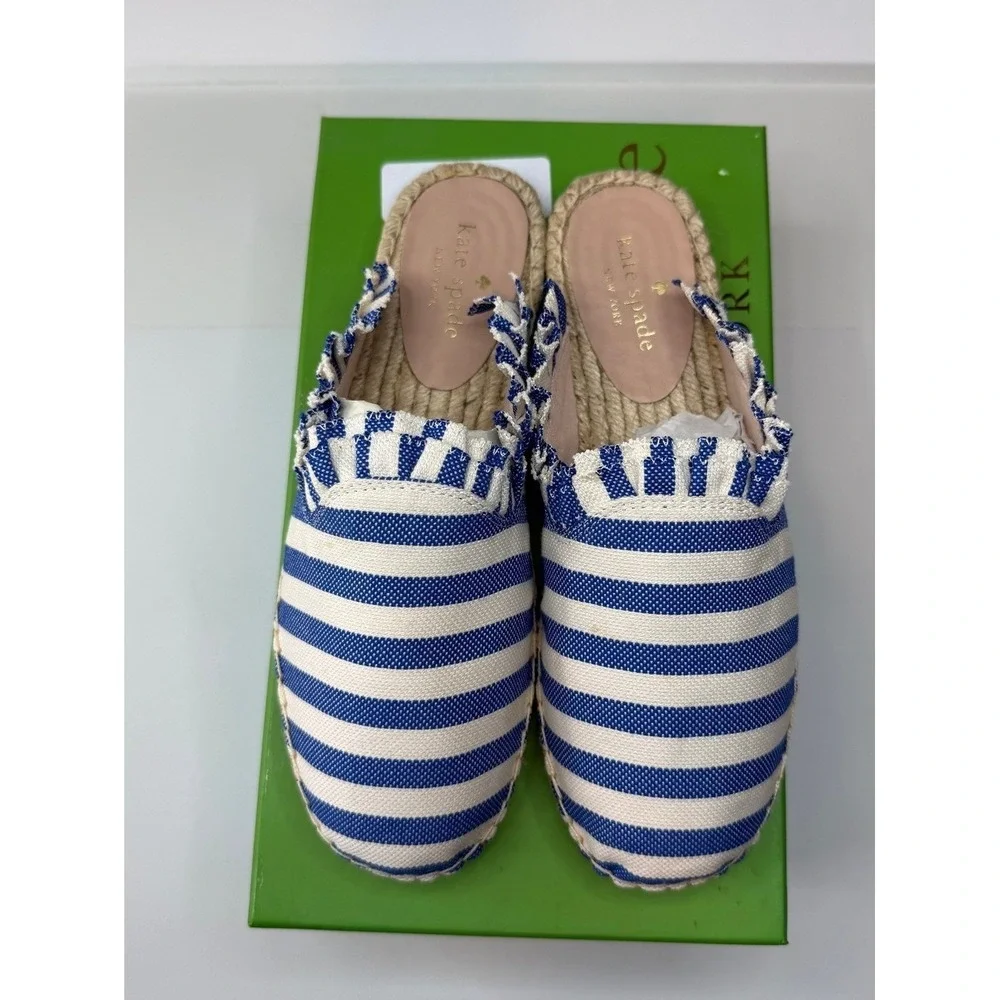 Kate Spade Laila Blue Cream Striped Ruffle Espadrille Slip On Shoes 7.5M S170655